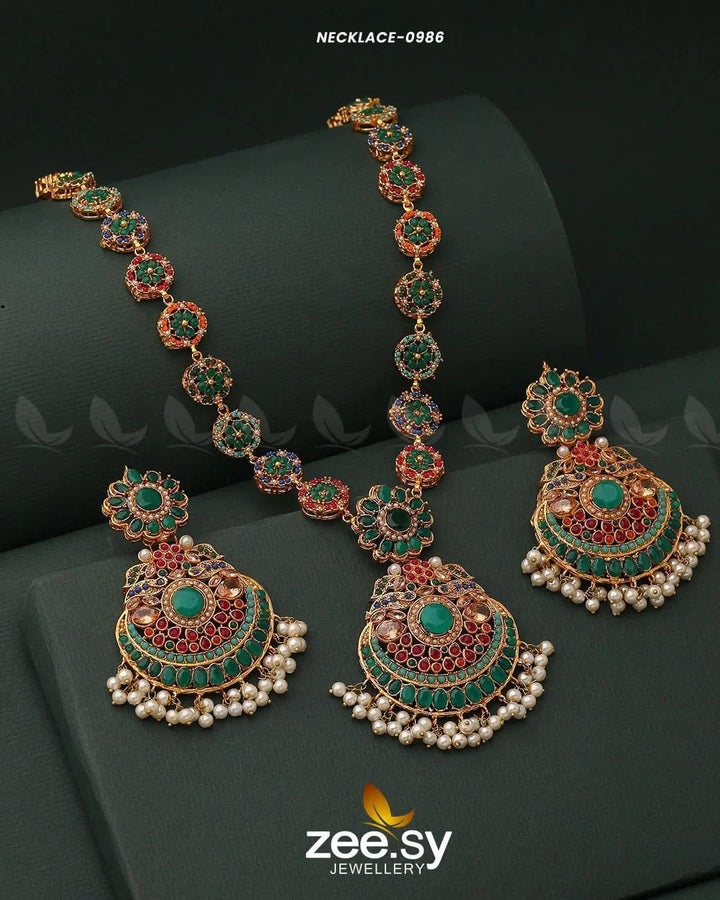 Multi-Toned Floral Malla Necklace Set Green Malla Necklace - Zeesy Jewellery Pakistan | Premium Artificial & Imitation Jewellery