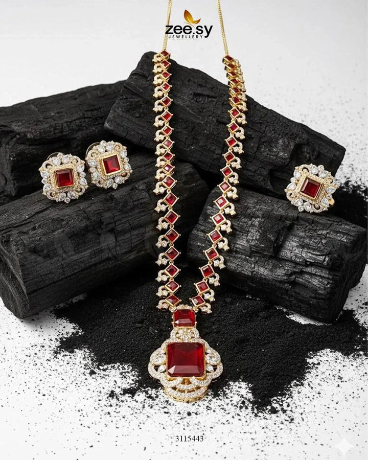 Safina Malla Necklace Set Golden Red Malla Necklace - Zeesy Jewellery Pakistan | Premium Artificial & Imitation Jewellery
