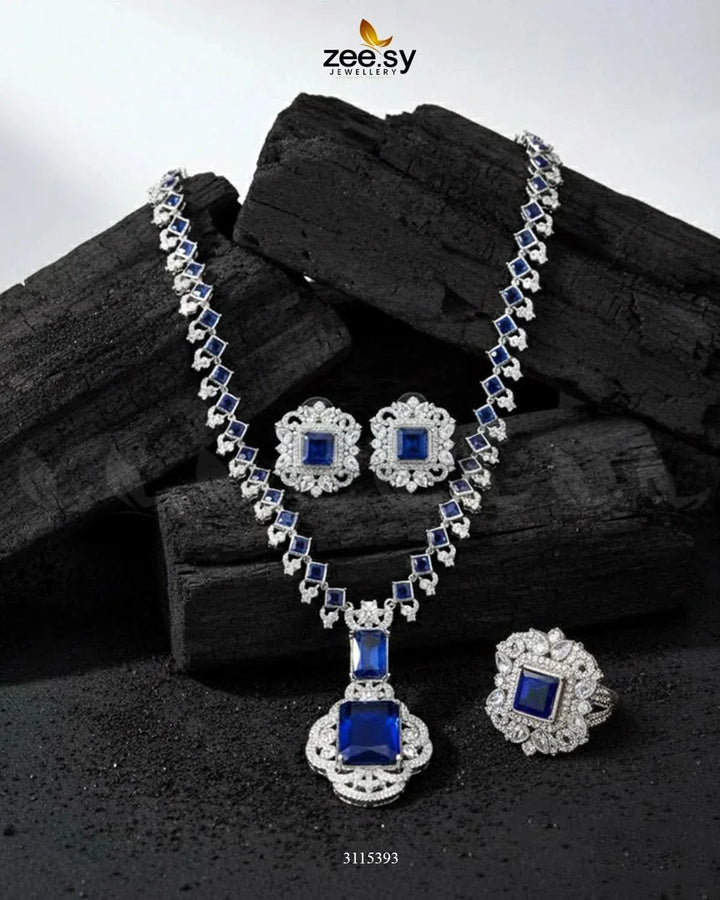 Safina Malla Necklace Set Silver Blue Malla Necklace - Zeesy Jewellery Pakistan | Premium Artificial & Imitation Jewellery