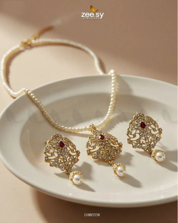 Egyptian Pearl Drop Necklace Set Red Necklace Sets - Zeesy Jewellery Pakistan | Premium Artificial & Imitation Jewellery