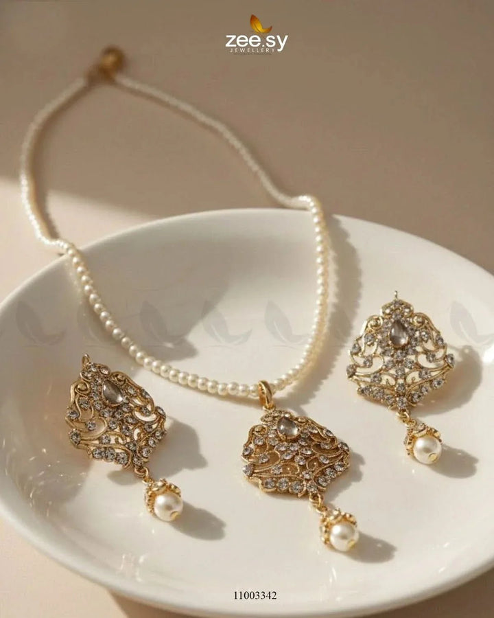 Egyptian Pearl Drop Necklace Set Champagne Necklace Sets - Zeesy Jewellery Pakistan | Premium Artificial & Imitation Jewellery
