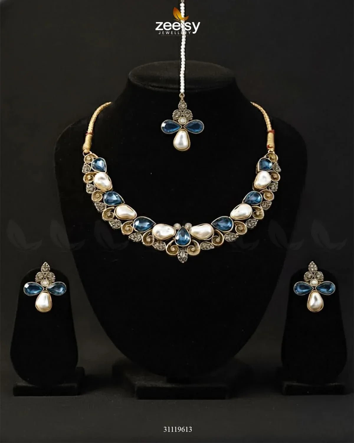 Luminary Gold Toned Necklace Set Blue Necklace Sets - Zeesy Jewellery Pakistan | Premium Artificial & Imitation Jewellery