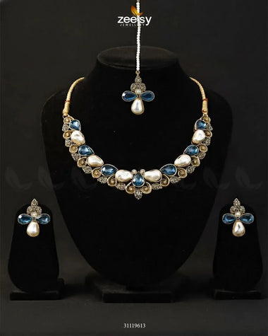 Luminary Gold Toned Necklace Set Blue Necklace Sets - Zeesy Jewellery Pakistan | Premium Artificial & Imitation Jewellery