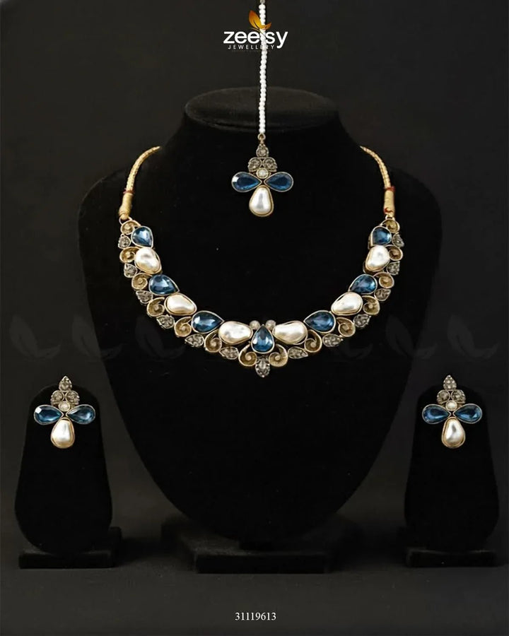 Luminary Gold Toned Necklace Set Blue Necklace Sets - Zeesy Jewellery Pakistan | Premium Artificial & Imitation Jewellery