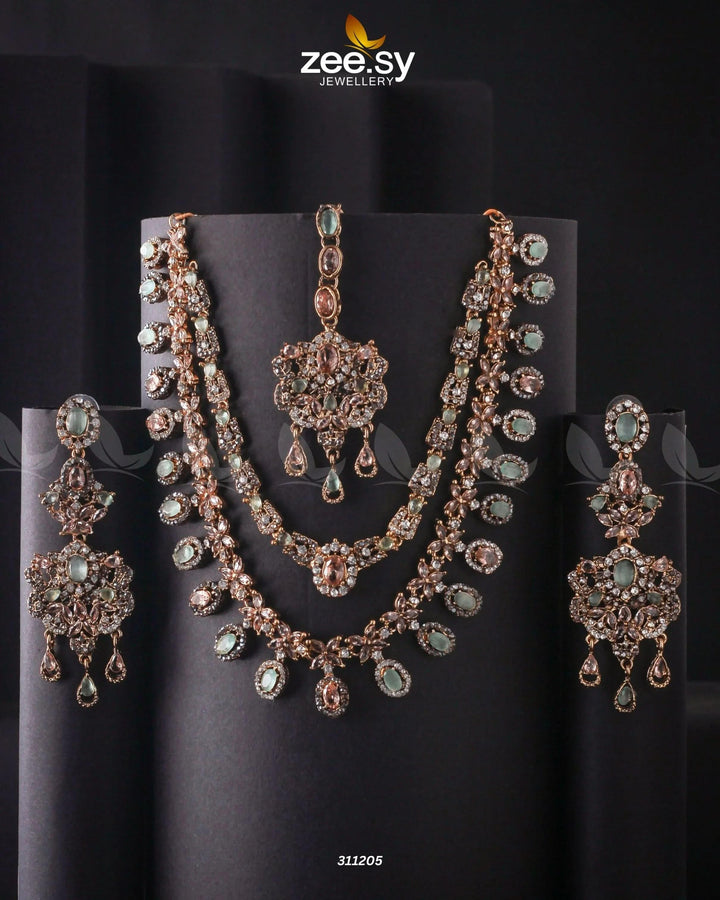 Zarqa Necklace Champagne & Mint Green Necklace Sets - Zeesy Jewellery Pakistan | Premium Artificial & Imitation Jewellery