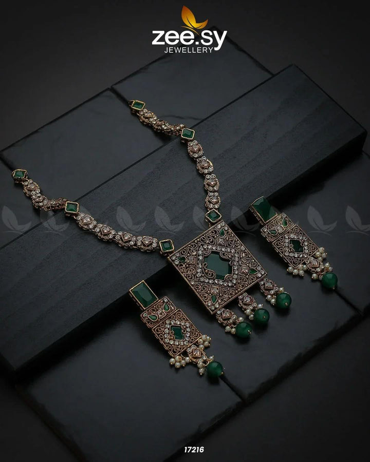 Captivating Crystals Necklace Golden Green Necklace Sets - Zeesy Jewellery Pakistan | Premium Artificial & Imitation Jewellery