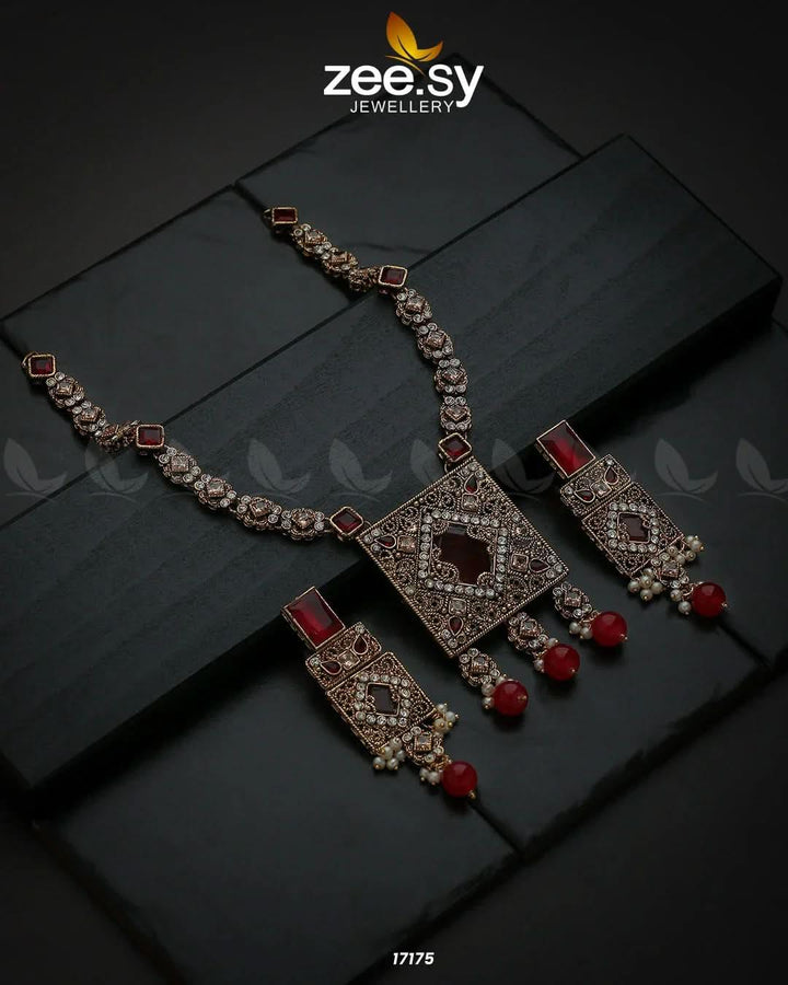 Captivating Crystals Necklace Golden Red Necklace Sets - Zeesy Jewellery Pakistan | Premium Artificial & Imitation Jewellery