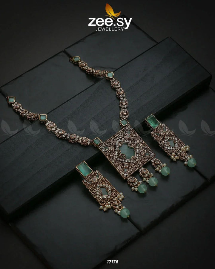 Captivating Crystals Necklace Golden Mint Green Necklace Sets - Zeesy Jewellery Pakistan | Premium Artificial & Imitation Jewellery