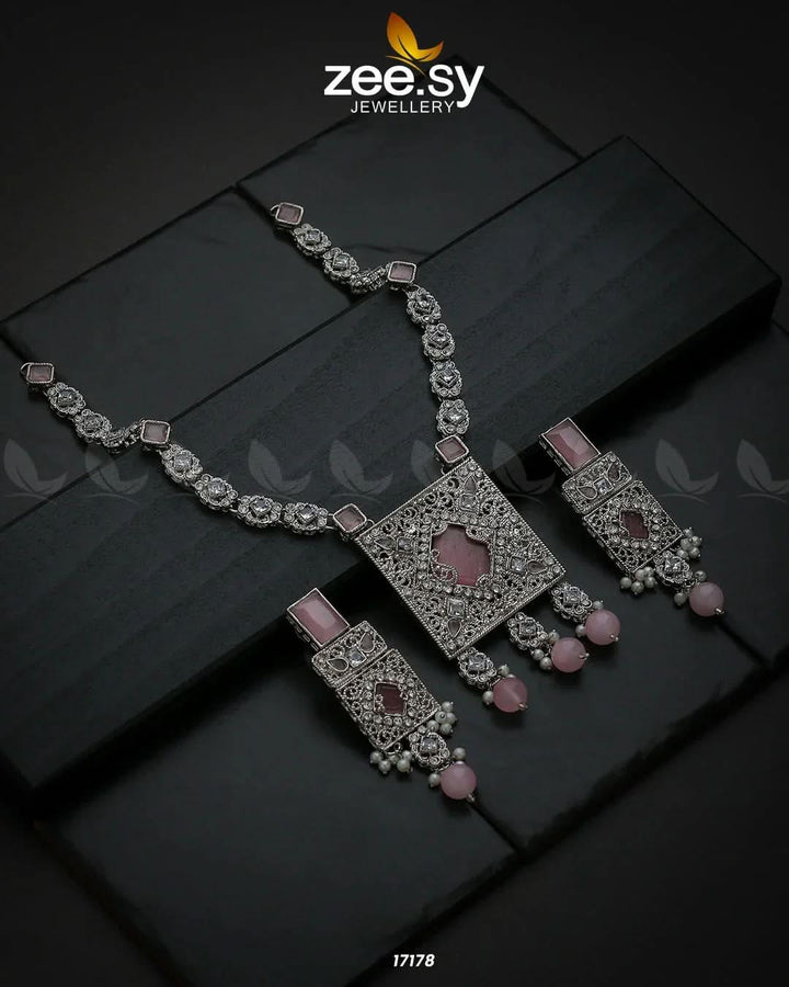 Captivating Crystals Necklace Silver Pink Necklace Sets - Zeesy Jewellery Pakistan | Premium Artificial & Imitation Jewellery
