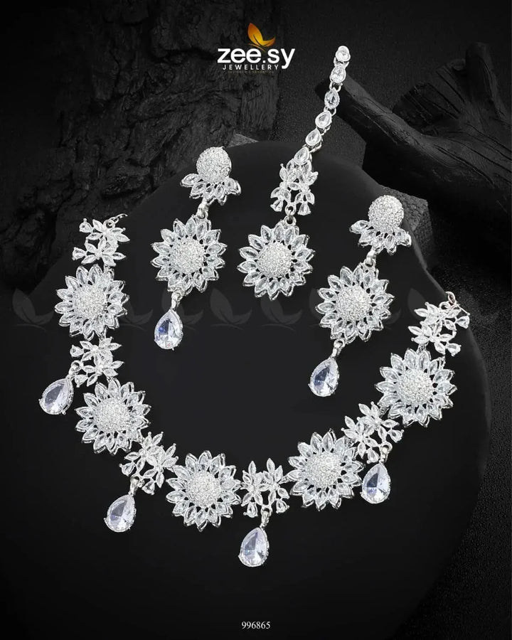 Oleander Necklace Set Silver White Necklace Sets - Zeesy Jewellery Pakistan | Premium Artificial & Imitation Jewellery