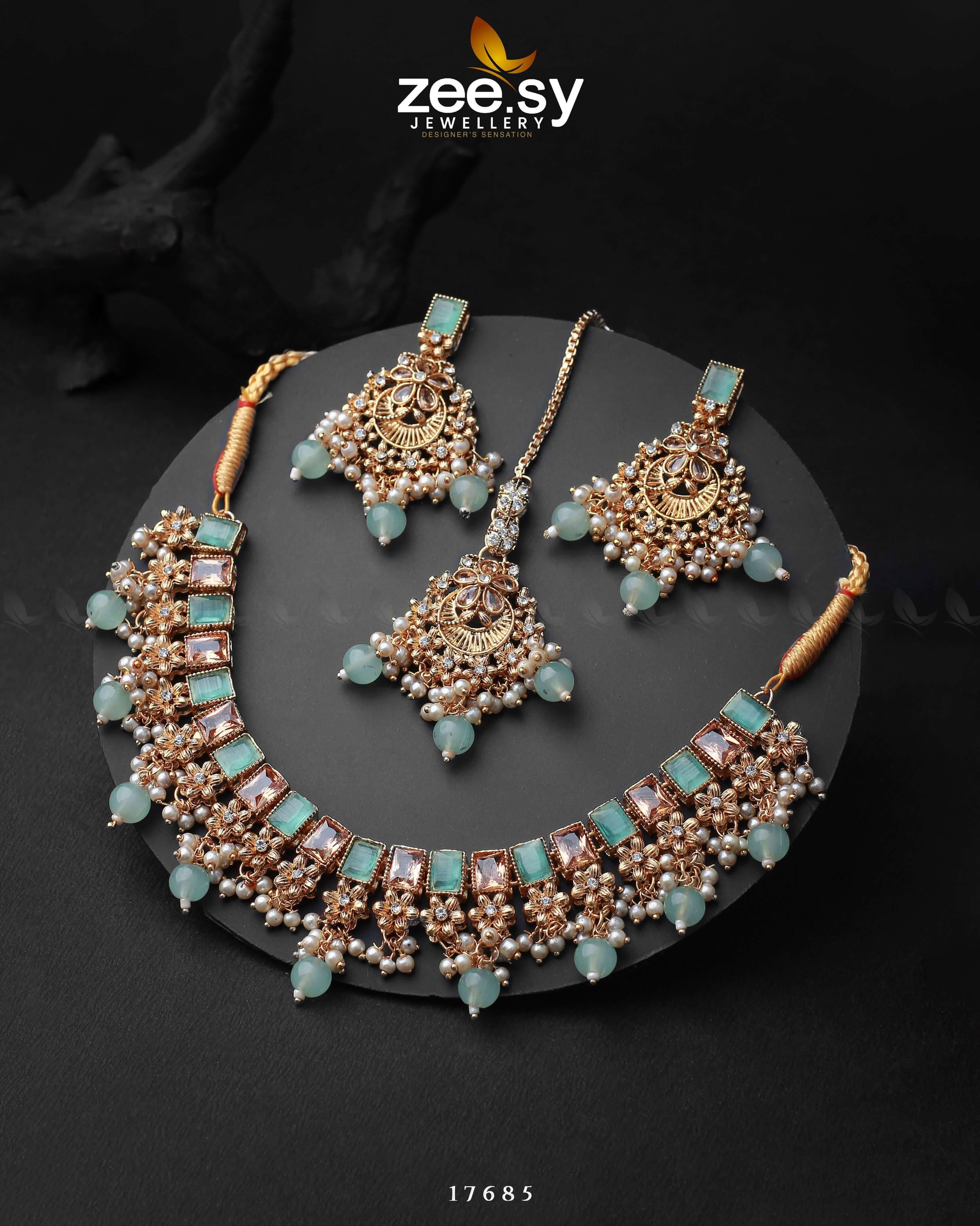 Prism Necklace Golden Mint Green Necklace Sets - Zeesy Jewellery Pakistan | Premium Artificial & Imitation Jewellery