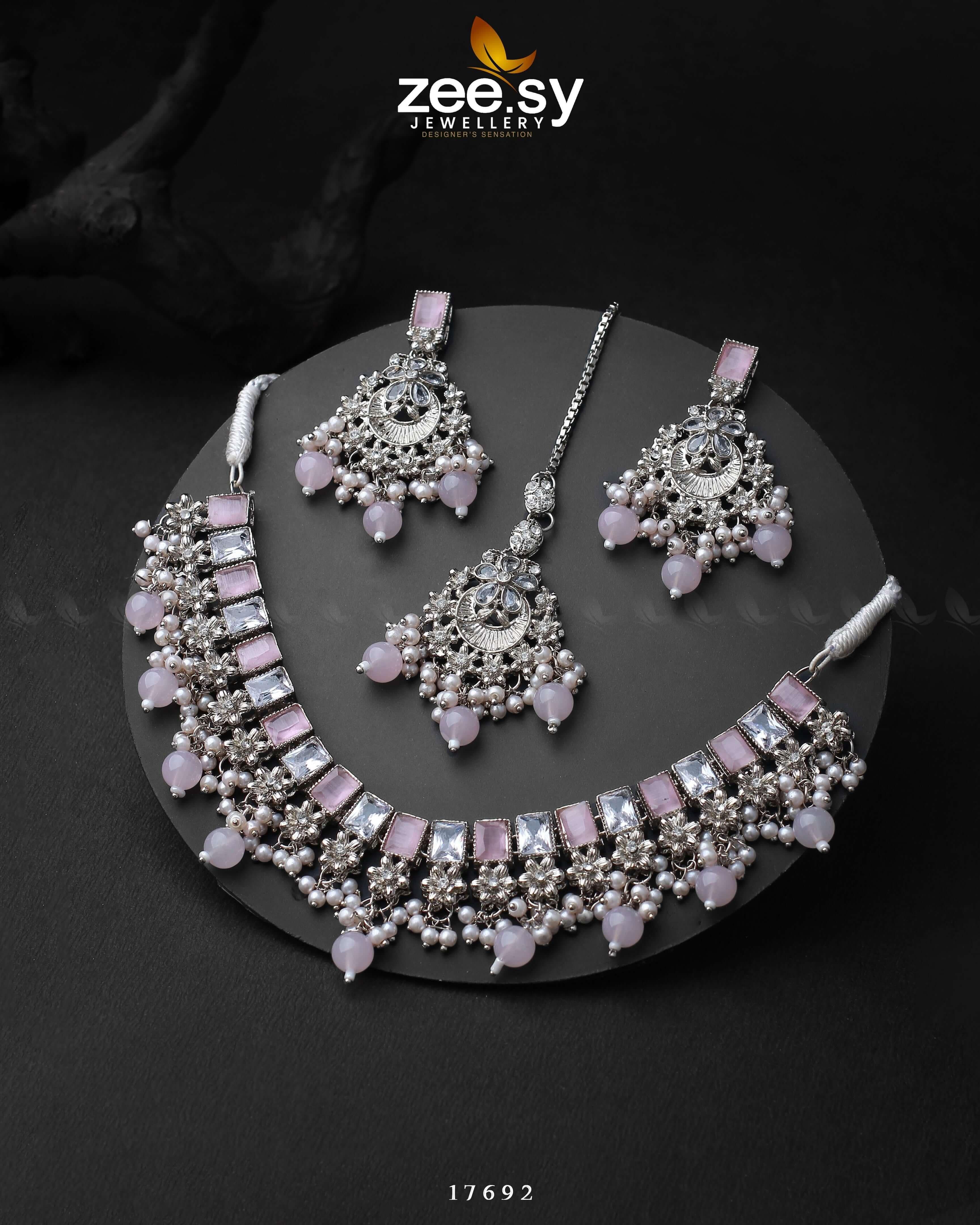 Prism Necklace Silver Mint Pink Necklace Sets - Zeesy Jewellery Pakistan | Premium Artificial & Imitation Jewellery