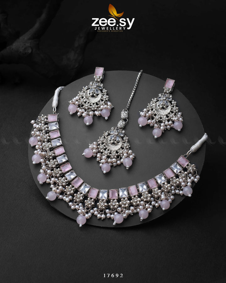 Prism Necklace Silver Mint Pink Necklace Sets - Zeesy Jewellery Pakistan | Premium Artificial & Imitation Jewellery
