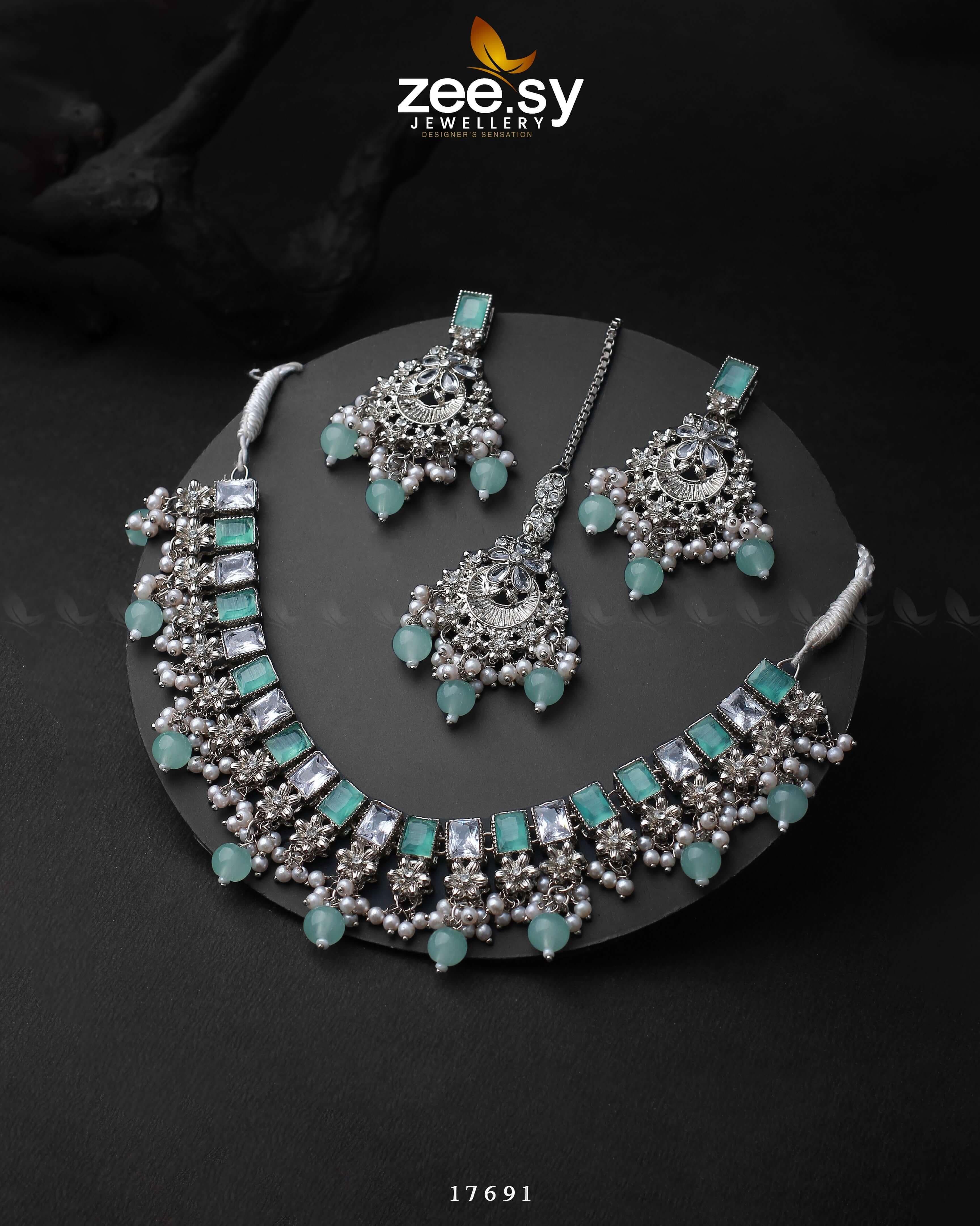 Prism Necklace Silver Mint Green Necklace Sets - Zeesy Jewellery Pakistan | Premium Artificial & Imitation Jewellery