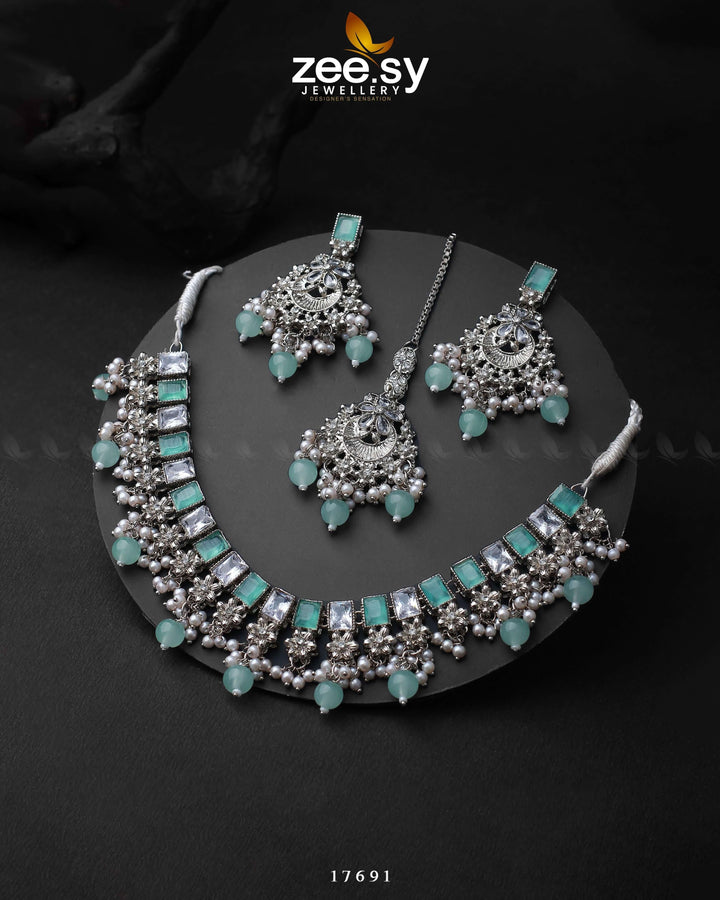 Prism Necklace Silver Mint Green Necklace Sets - Zeesy Jewellery Pakistan | Premium Artificial & Imitation Jewellery