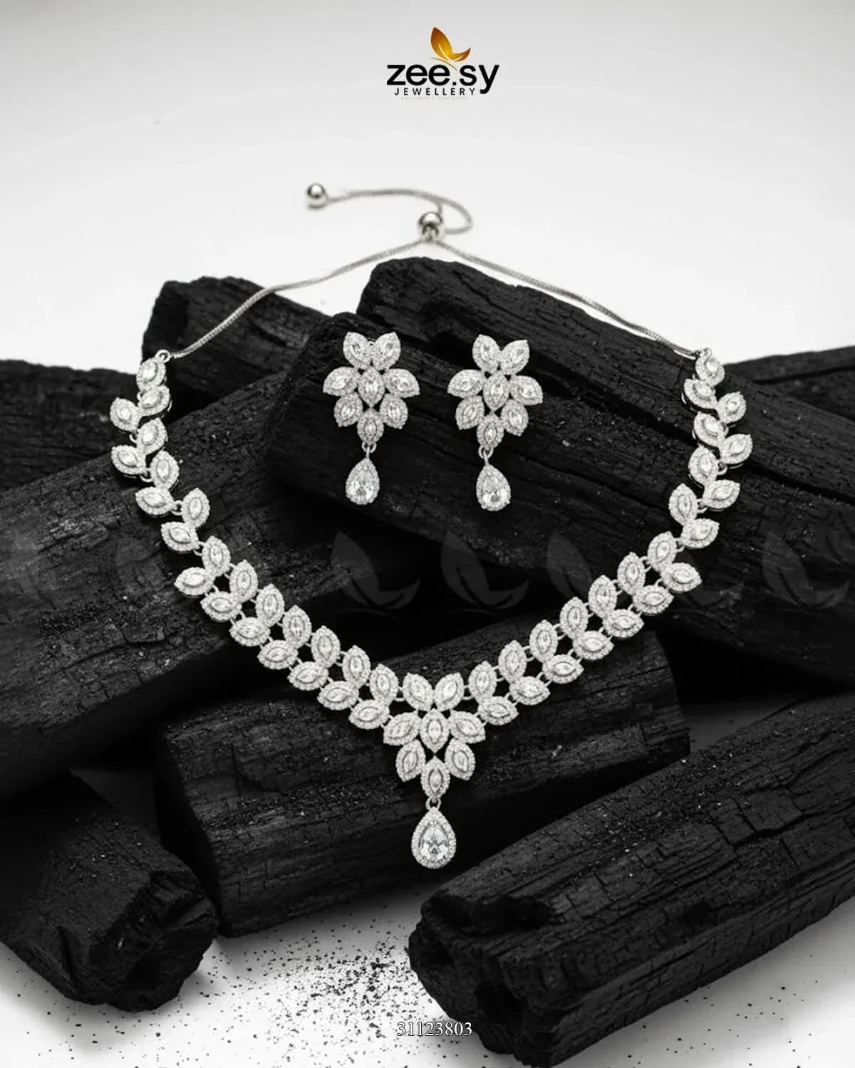 Rich Heritage Stream Necklace Set Silver White Necklace Sets - Zeesy Jewellery Pakistan | Premium Artificial & Imitation Jewellery