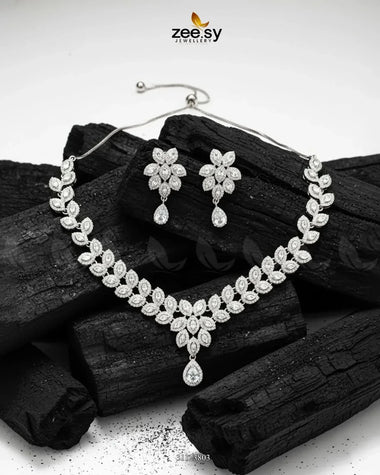 Rich Heritage Stream Necklace Set Silver White Necklace Sets - Zeesy Jewellery Pakistan | Premium Artificial & Imitation Jewellery