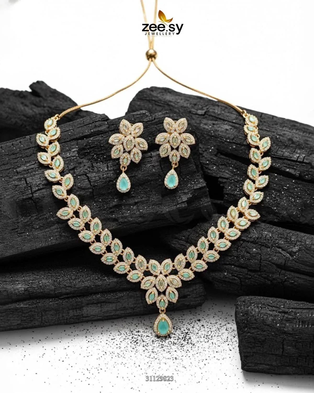 Rich Heritage Stream Necklace Set Golden Mint Green Necklace Sets - Zeesy Jewellery Pakistan | Premium Artificial & Imitation Jewellery