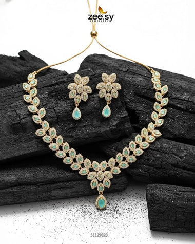 Rich Heritage Stream Necklace Set Golden Mint Green Necklace Sets - Zeesy Jewellery Pakistan | Premium Artificial & Imitation Jewellery