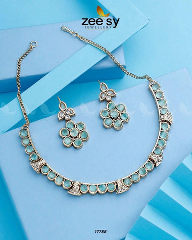 Textured Necklace Golden Mint Green Necklace Sets - Zeesy Jewellery Pakistan | Premium Artificial & Imitation Jewellery