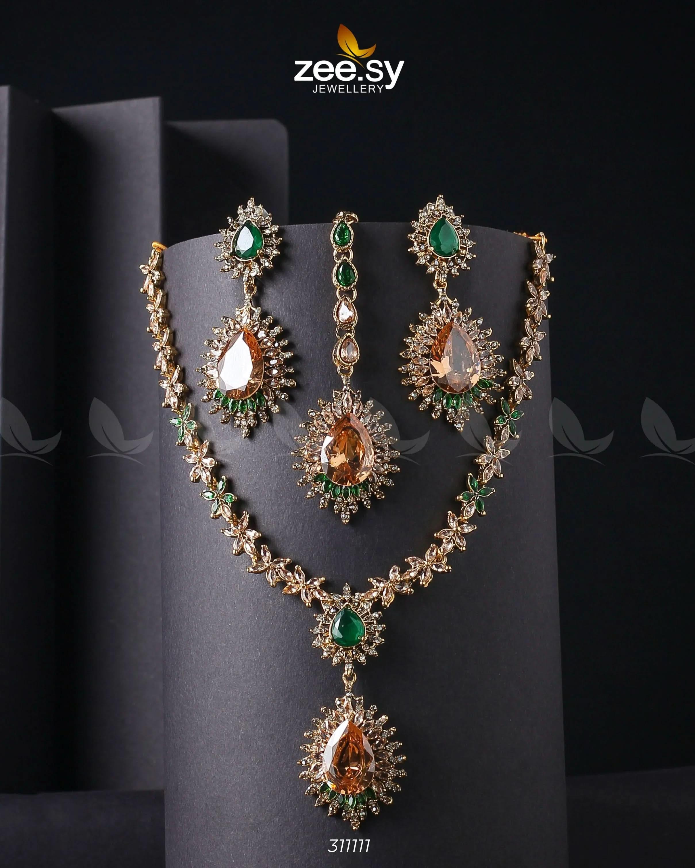 Zilla Necklace Champagne & Green Necklace Sets - Zeesy Jewellery Pakistan | Premium Artificial & Imitation Jewellery