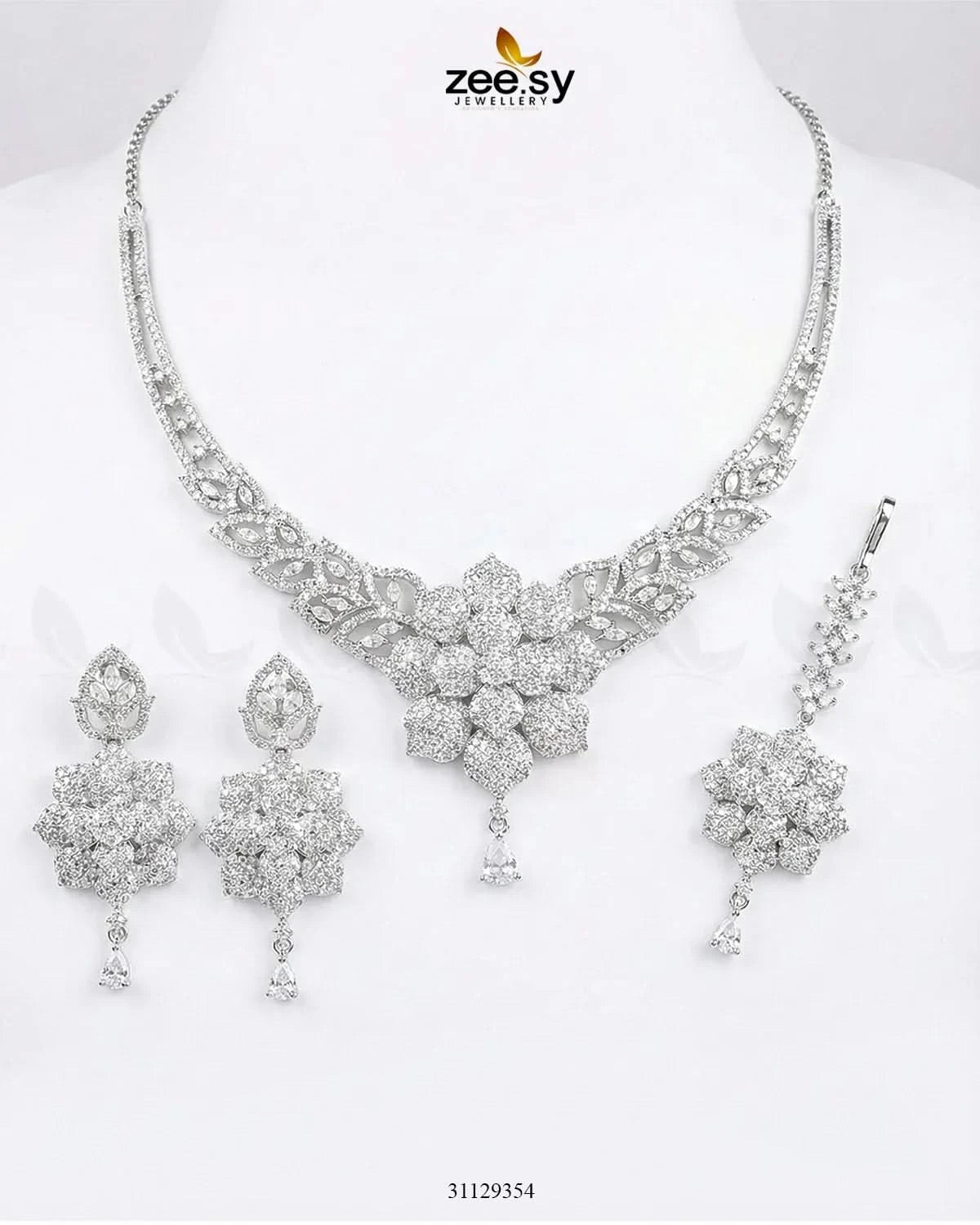 Bloom Camellia Crystal Necklace Set Silver Necklace Sets - Zeesy Jewellery Pakistan | Premium Artificial & Imitation Jewellery