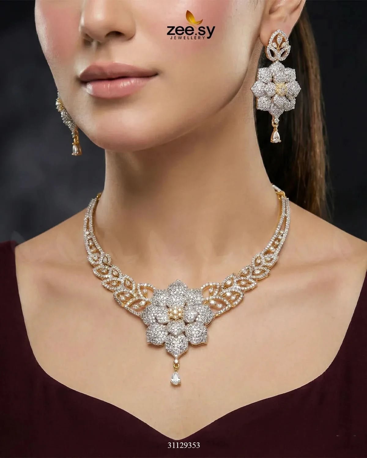 Bloom Camellia Crystal Necklace Set Necklace Sets - Zeesy Jewellery Pakistan | Premium Artificial & Imitation Jewellery