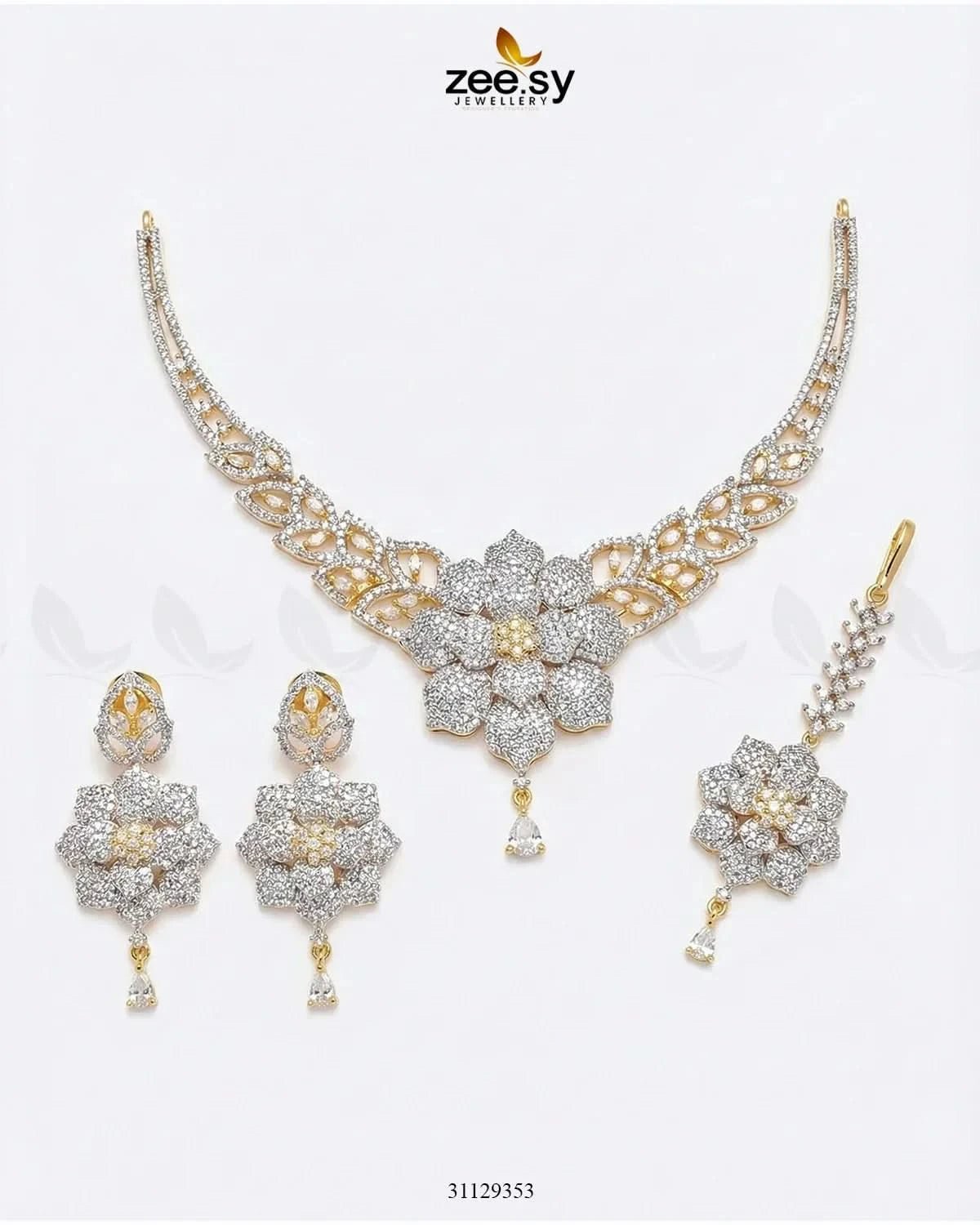 Bloom Camellia Crystal Necklace Set Golden Necklace Sets - Zeesy Jewellery Pakistan | Premium Artificial & Imitation Jewellery