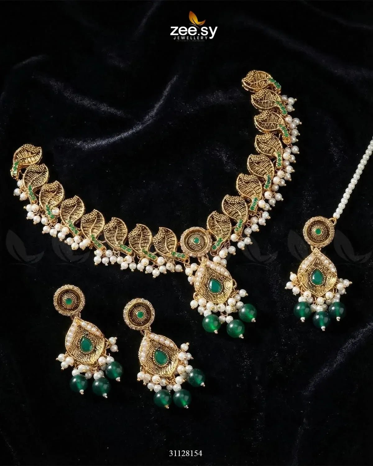 Foliage Bold Leaf Necklace Set Golden Green Necklace Sets - Zeesy Jewellery Pakistan | Premium Artificial & Imitation Jewellery