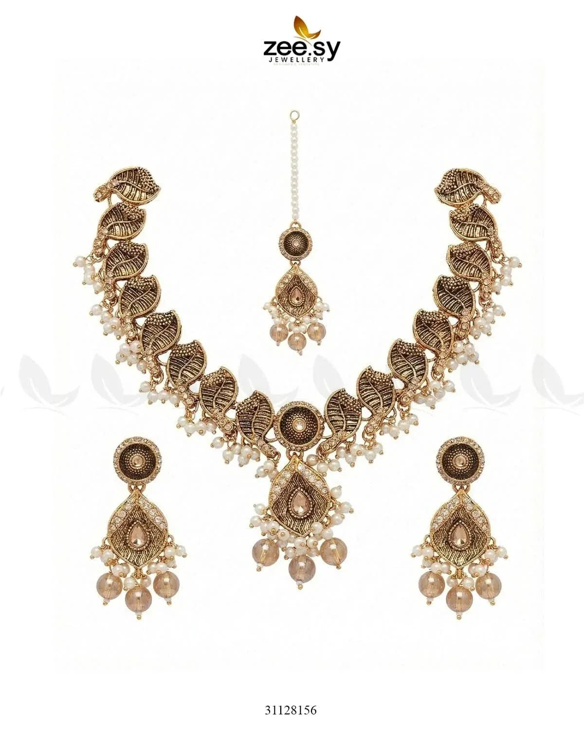 Foliage Bold Leaf Necklace Set Golden Champagne Necklace Sets - Zeesy Jewellery Pakistan | Premium Artificial & Imitation Jewellery