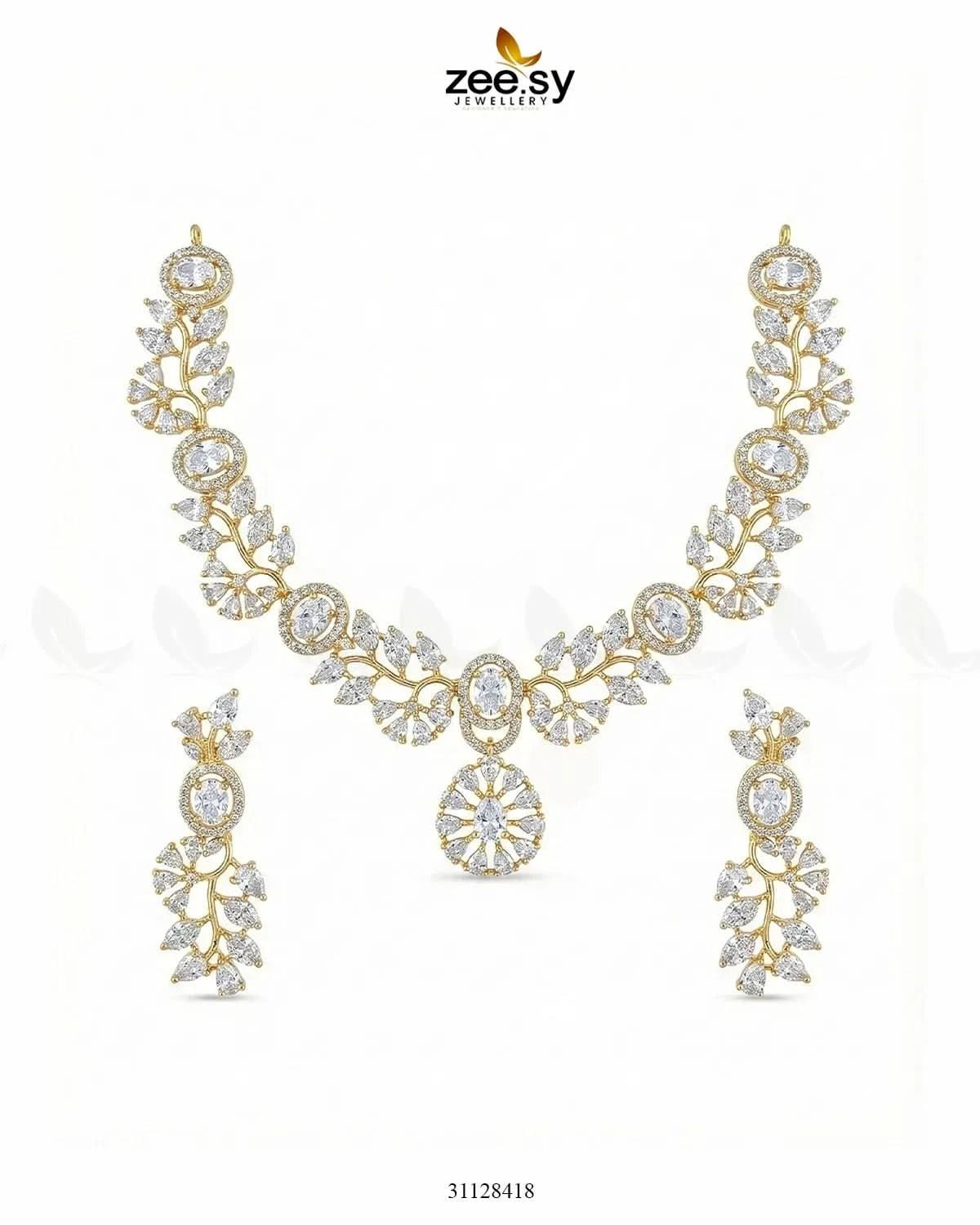 Golden Bold Stone Necklace Set Golden White Necklace Sets - Zeesy Jewellery Pakistan | Premium Artificial & Imitation Jewellery