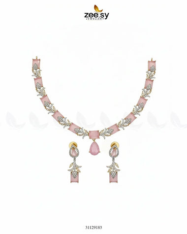Golden Gilded Statement Necklace Set Golden Mint Pink Necklace Sets - Zeesy Jewellery Pakistan | Premium Artificial & Imitation Jewellery