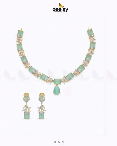 Golden Gilded Statement Necklace Set Golden Mint Green Necklace Sets - Zeesy Jewellery Pakistan | Premium Artificial & Imitation Jewellery