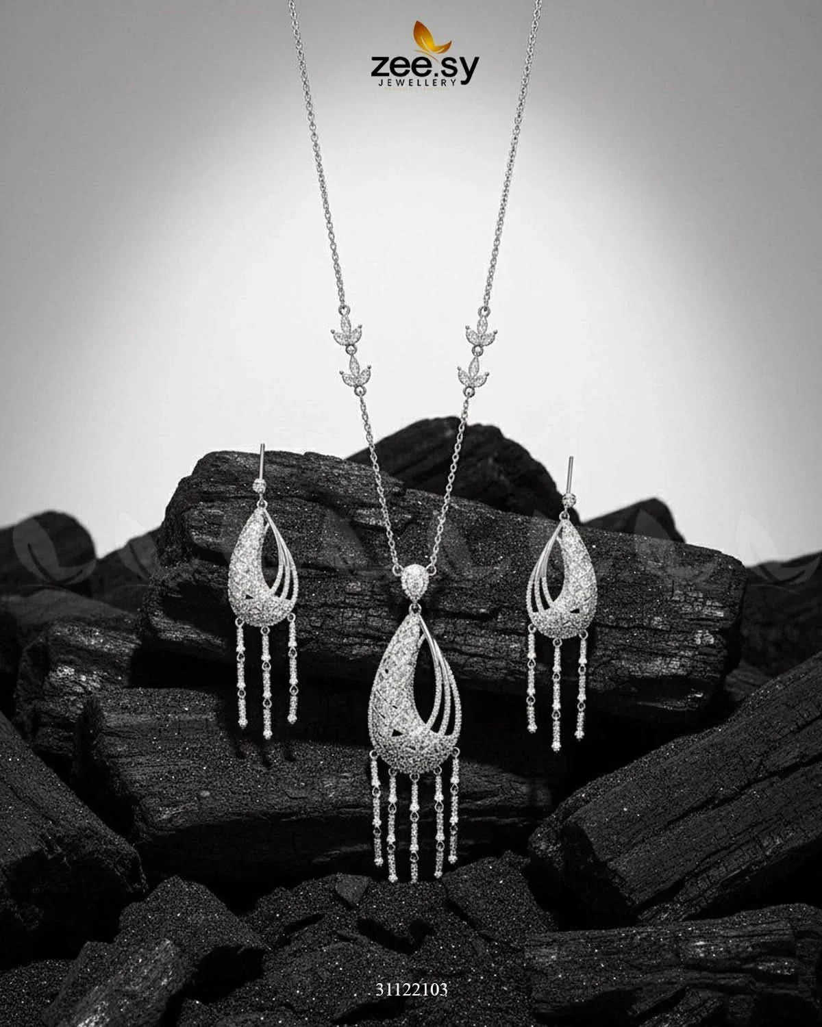 Cascade Dangle Necklace Set Silver Necklace Sets - Zeesy Jewellery Pakistan | Premium Artificial & Imitation Jewellery