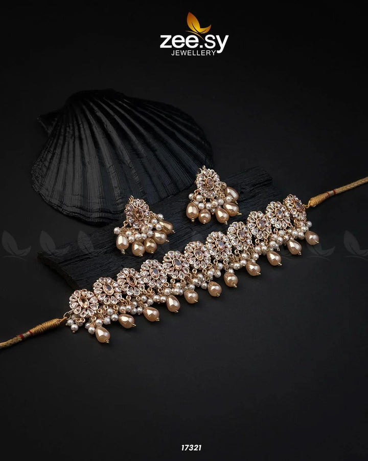 Blooming Flower Necklace Set Golden Champagne Necklace Sets - Zeesy Jewellery Pakistan | Premium Artificial & Imitation Jewellery