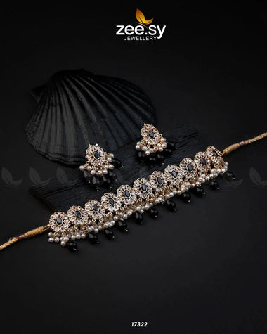 Blooming Flower Necklace Set Golden Black Necklace Sets - Zeesy Jewellery Pakistan | Premium Artificial & Imitation Jewellery