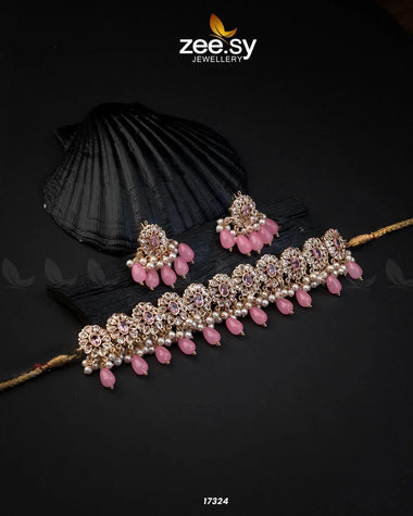 Blooming Flower Necklace Set Golden Pink Necklace Sets - Zeesy Jewellery Pakistan | Premium Artificial & Imitation Jewellery