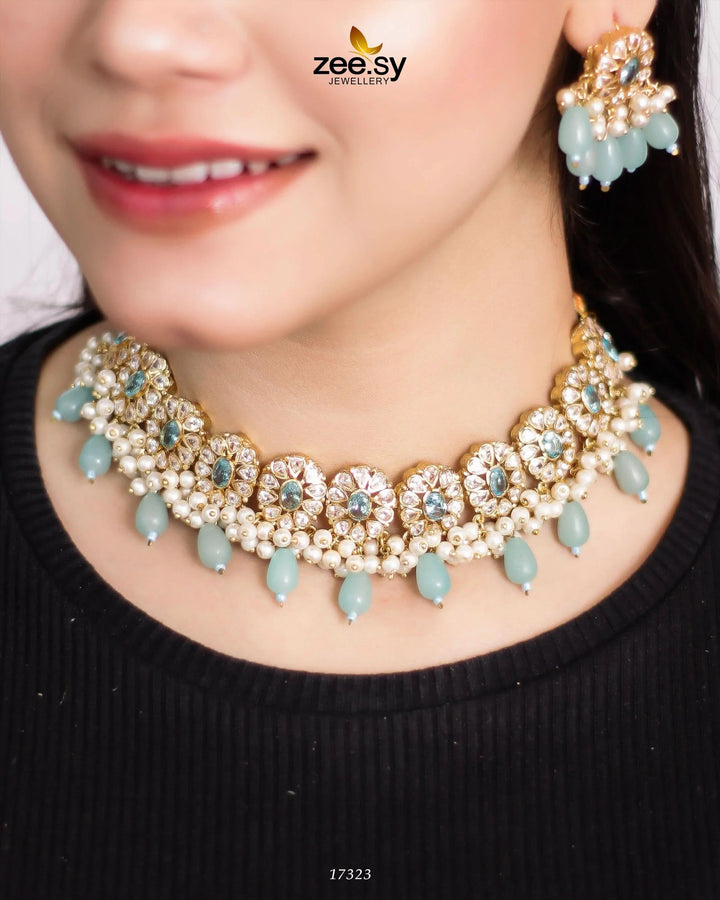 Blooming Flower Necklace Set Golden Feroza Necklace Sets - Zeesy Jewellery Pakistan | Premium Artificial & Imitation Jewellery