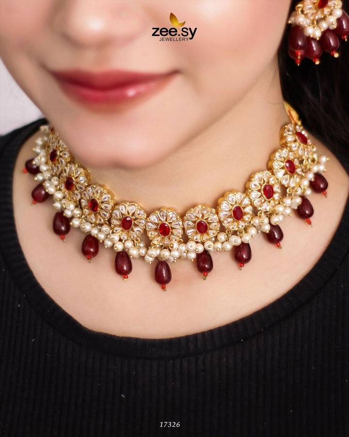 Blooming Flower Necklace Set Golden Red Necklace Sets - Zeesy Jewellery Pakistan | Premium Artificial & Imitation Jewellery