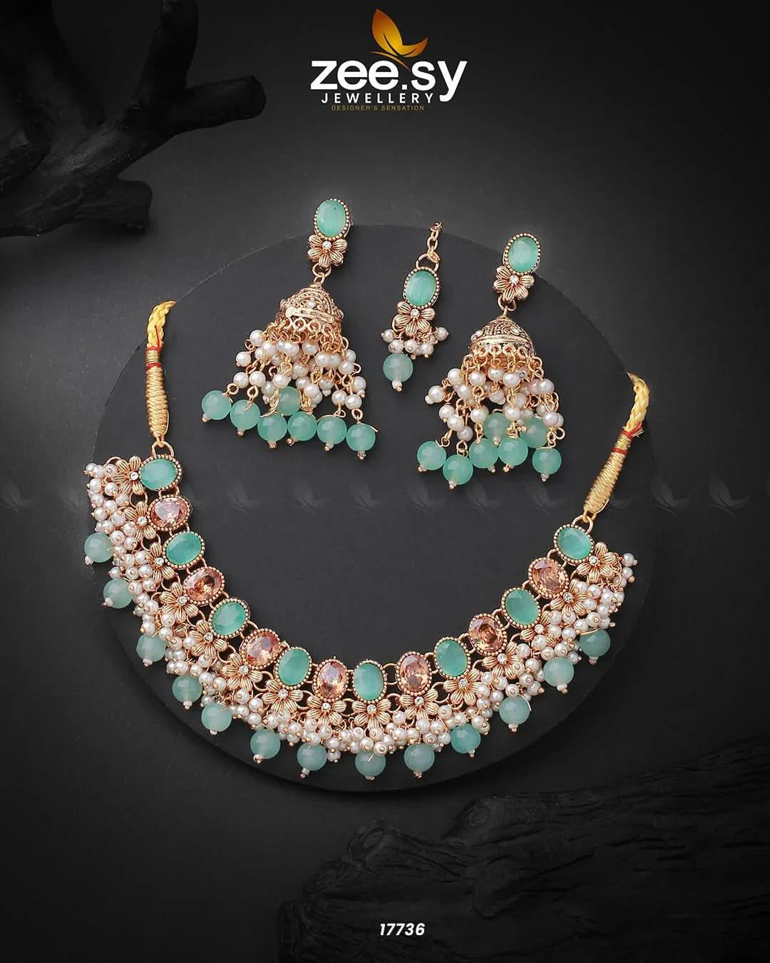 Celosia Necklace Golden Mint Green Necklace Sets - Zeesy Jewellery Pakistan | Premium Artificial & Imitation Jewellery