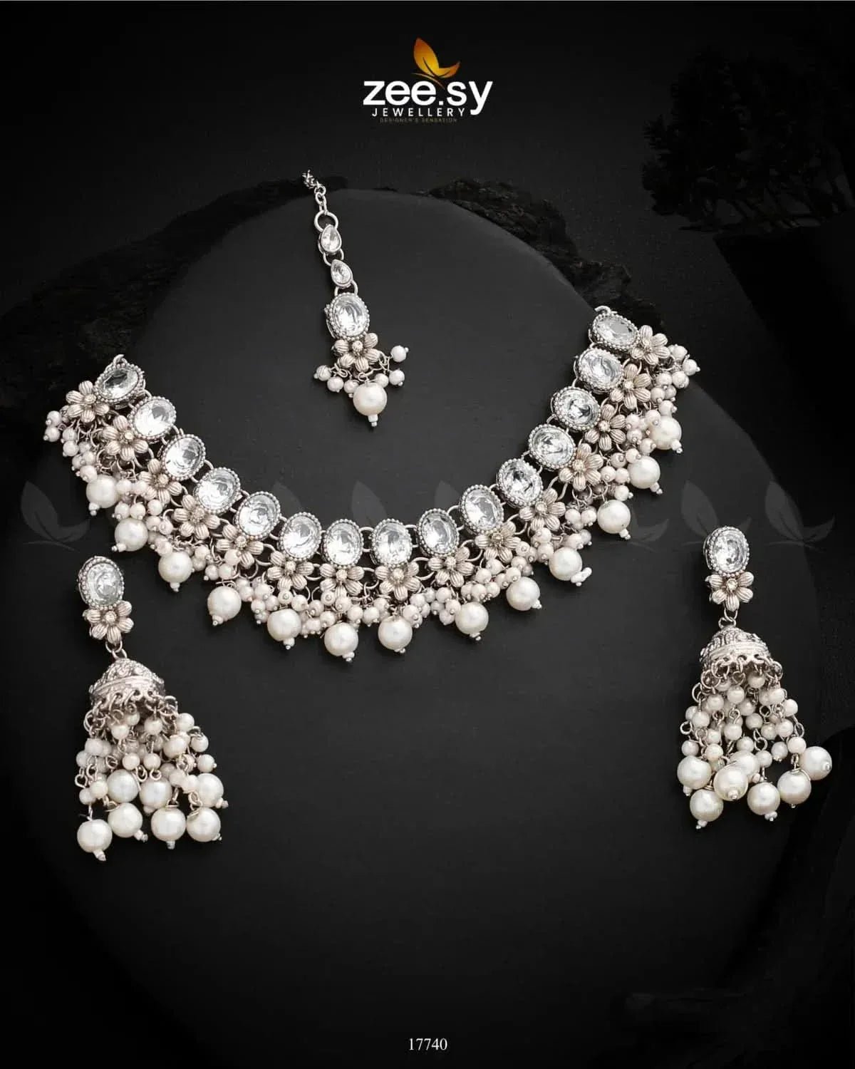 Celosia Necklace Silver White Necklace Sets - Zeesy Jewellery Pakistan | Premium Artificial & Imitation Jewellery