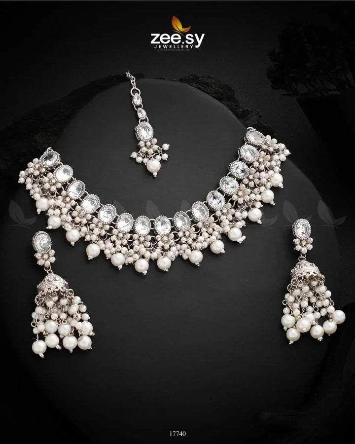 Celosia Necklace Silver White Necklace Sets - Zeesy Jewellery Pakistan | Premium Artificial & Imitation Jewellery