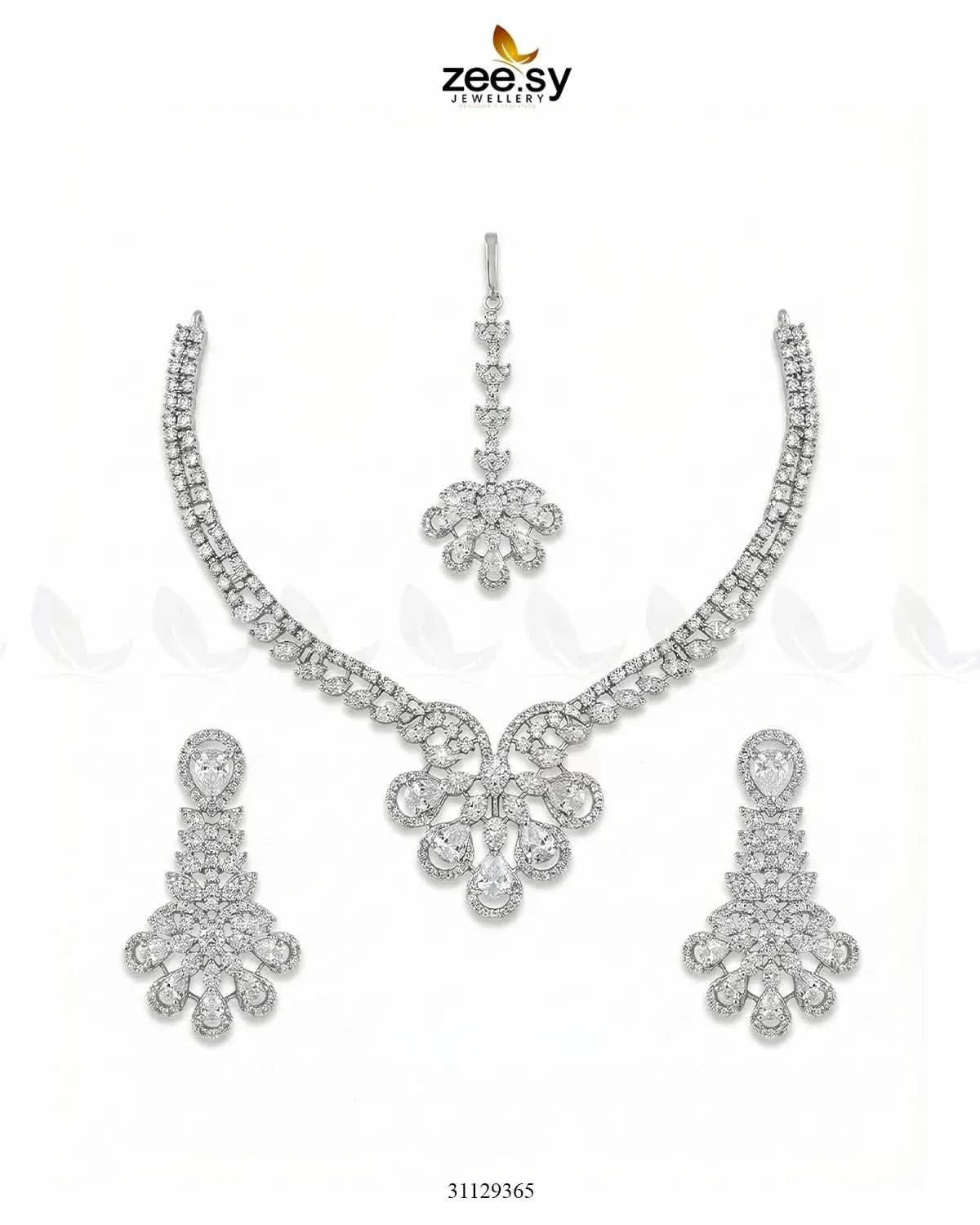 Glow Floral Zirconia Necklace Set Silver White Necklace Sets - Zeesy Jewellery Pakistan | Premium Artificial & Imitation Jewellery