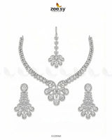 Glow Floral Zirconia Necklace Set Silver White Necklace Sets - Zeesy Jewellery Pakistan | Premium Artificial & Imitation Jewellery