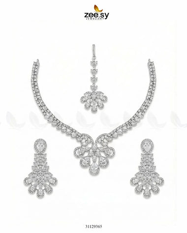 Glow Floral Zirconia Necklace Set Silver White Necklace Sets - Zeesy Jewellery Pakistan | Premium Artificial & Imitation Jewellery