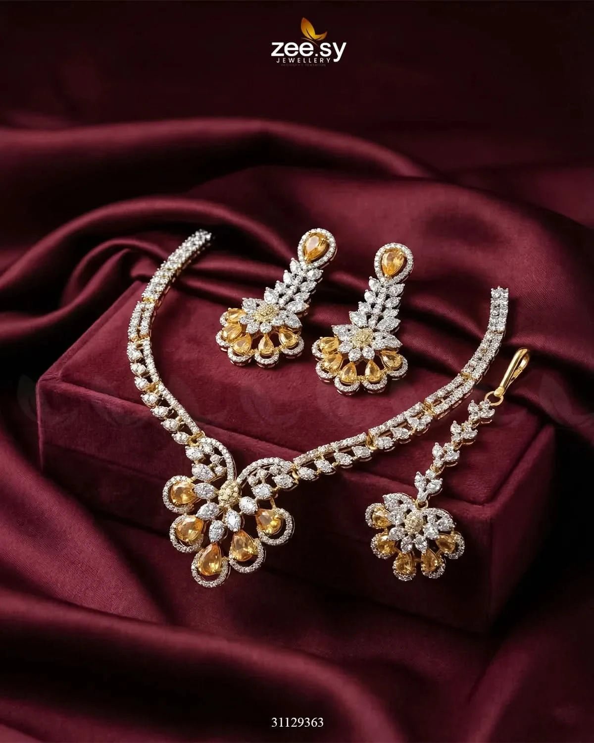Glow Floral Zirconia Necklace Set Necklace Sets - Zeesy Jewellery Pakistan | Premium Artificial & Imitation Jewellery