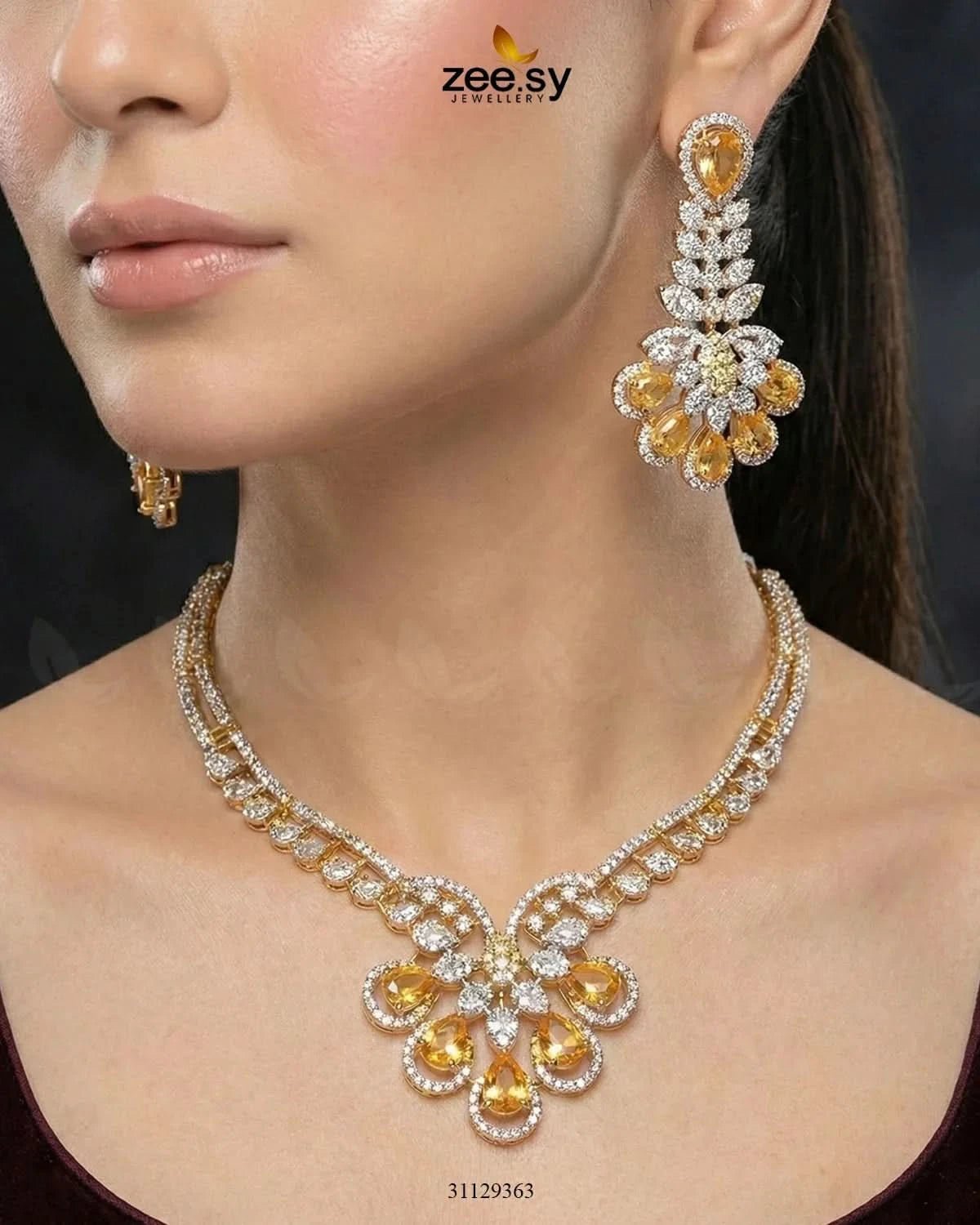 Glow Floral Zirconia Necklace Set Necklace Sets - Zeesy Jewellery Pakistan | Premium Artificial & Imitation Jewellery