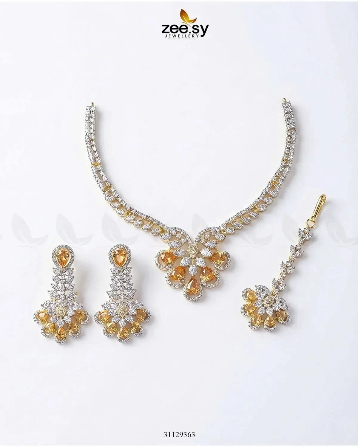 Glow Floral Zirconia Necklace Set Golden Champagne Necklace Sets - Zeesy Jewellery Pakistan | Premium Artificial & Imitation Jewellery