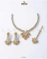 Glow Floral Zirconia Necklace Set Golden Champagne Necklace Sets - Zeesy Jewellery Pakistan | Premium Artificial & Imitation Jewellery