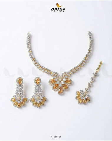 Glow Floral Zirconia Necklace Set Golden Champagne Necklace Sets - Zeesy Jewellery Pakistan | Premium Artificial & Imitation Jewellery